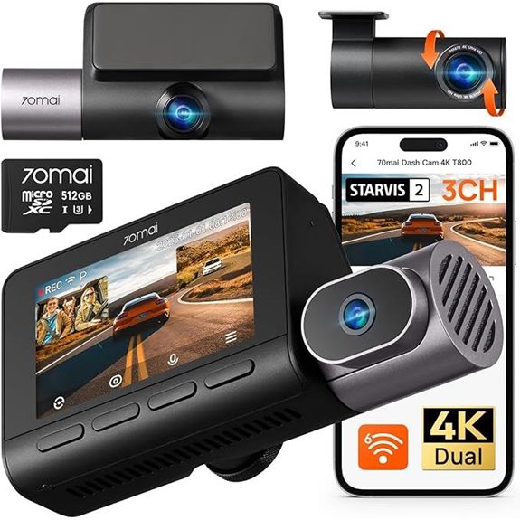 70mai 4K T800 3-Channel Dash Cam with WiFi and ADAS