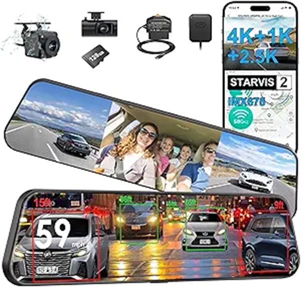4K 3-Channel Rearview Mirror Dash Cam with GPS