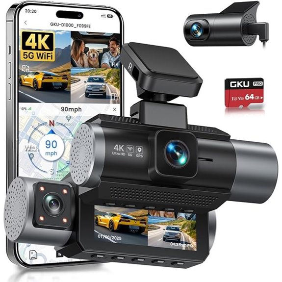 GKU 4K 3-Channel Dash Cam with WiFi and GPS