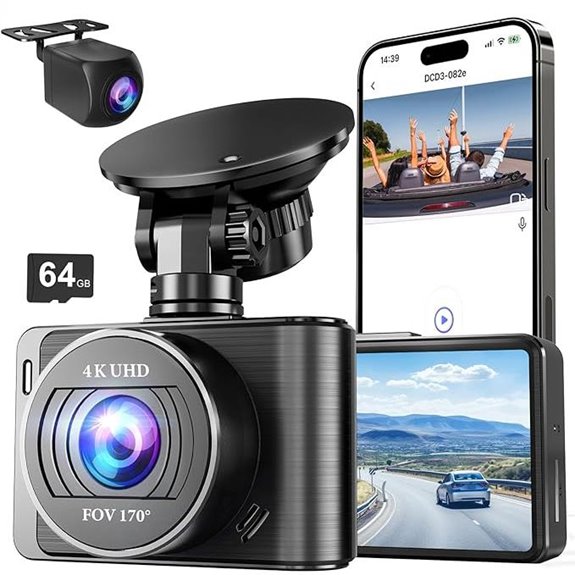 4K/1080p Dash Camera with WiFi and 64GB SD Card