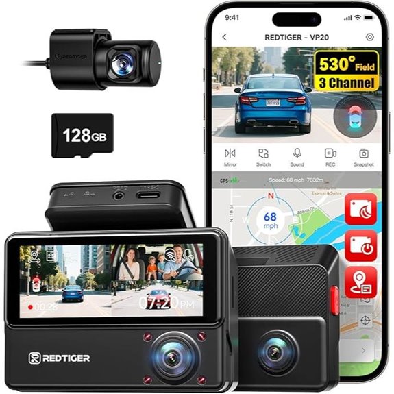 REDTIGER 530° 3-Channel Dash Cam with 128GB Card