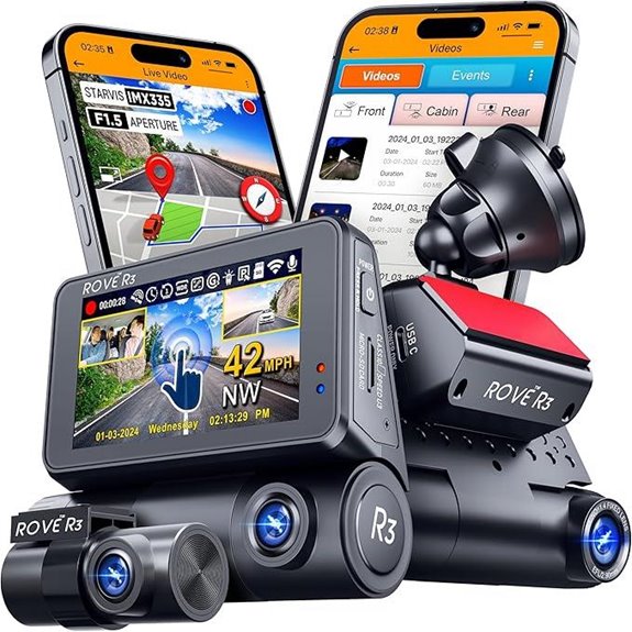 ROVE R3 Dash Cam with Front Rear Cabin Cameras