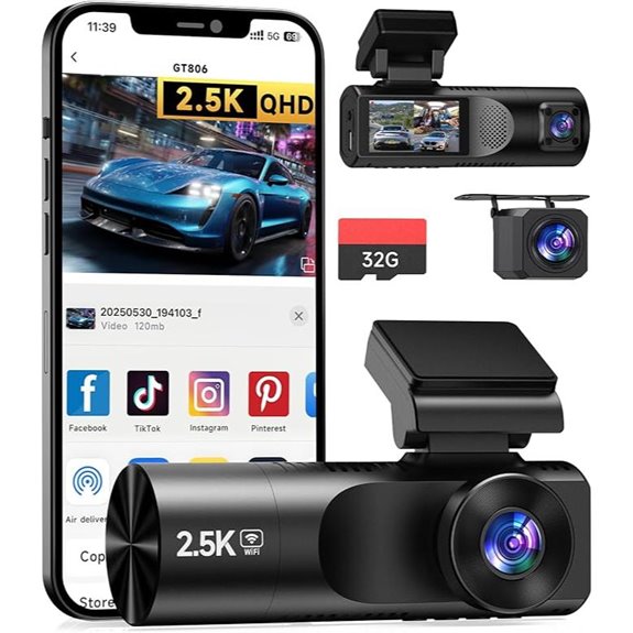 3-Channel Dash Cam with Wi-Fi Night Vision 64GB Card
