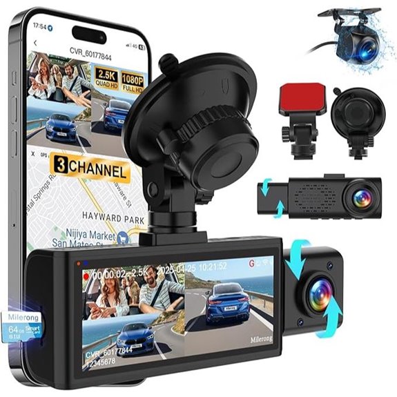 3-Channel Dual Dash Cam with Night Vision and 64GB Card