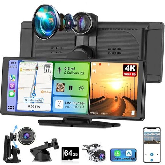 Portable Wireless CarPlay Screen with 4K Dash Cam