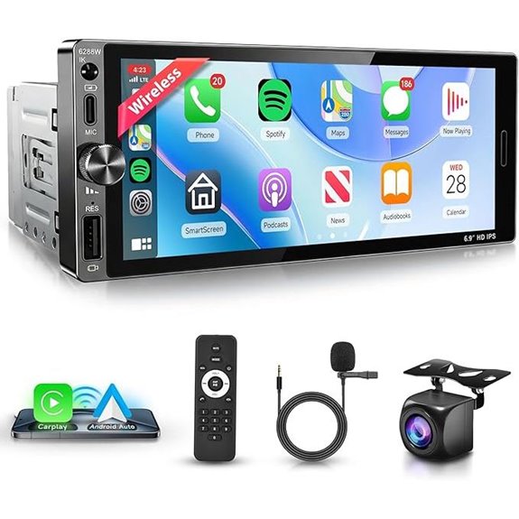 Single DIN Car Stereo with Wireless CarPlay & Backup Camera