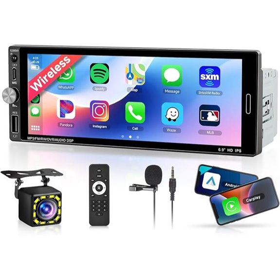 Single Din Car Stereo with Wireless Carplay & Backup Camera